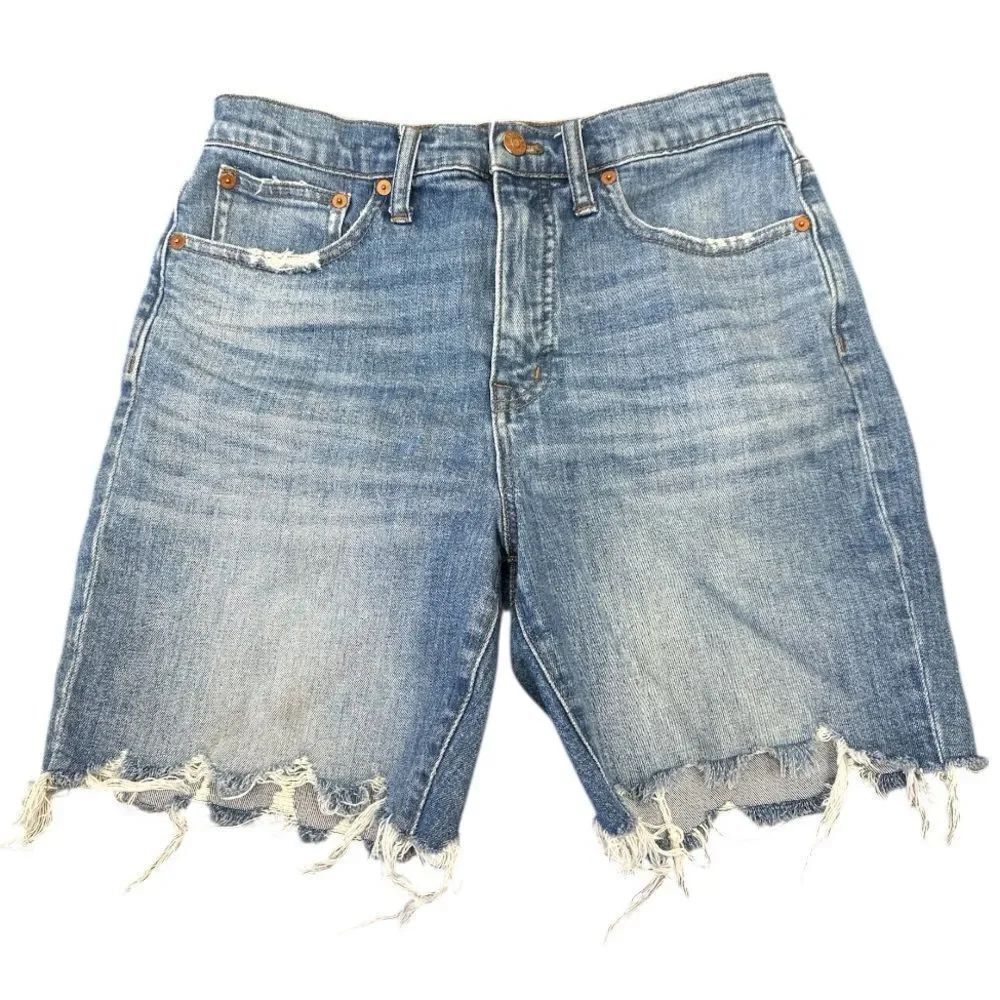 MADEWELL Women's High-Rise Denim Mid-Length Raw Hem Blue Light Wash Shorts Sz 27